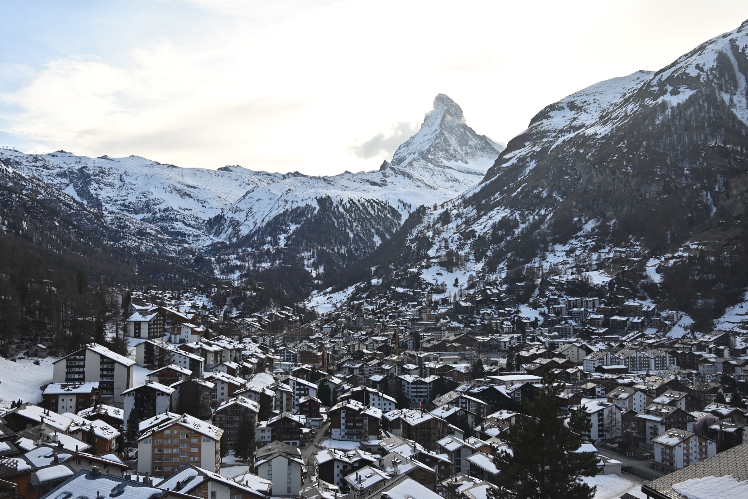 Snow-covered Zermatt village beneath the Matterhorn